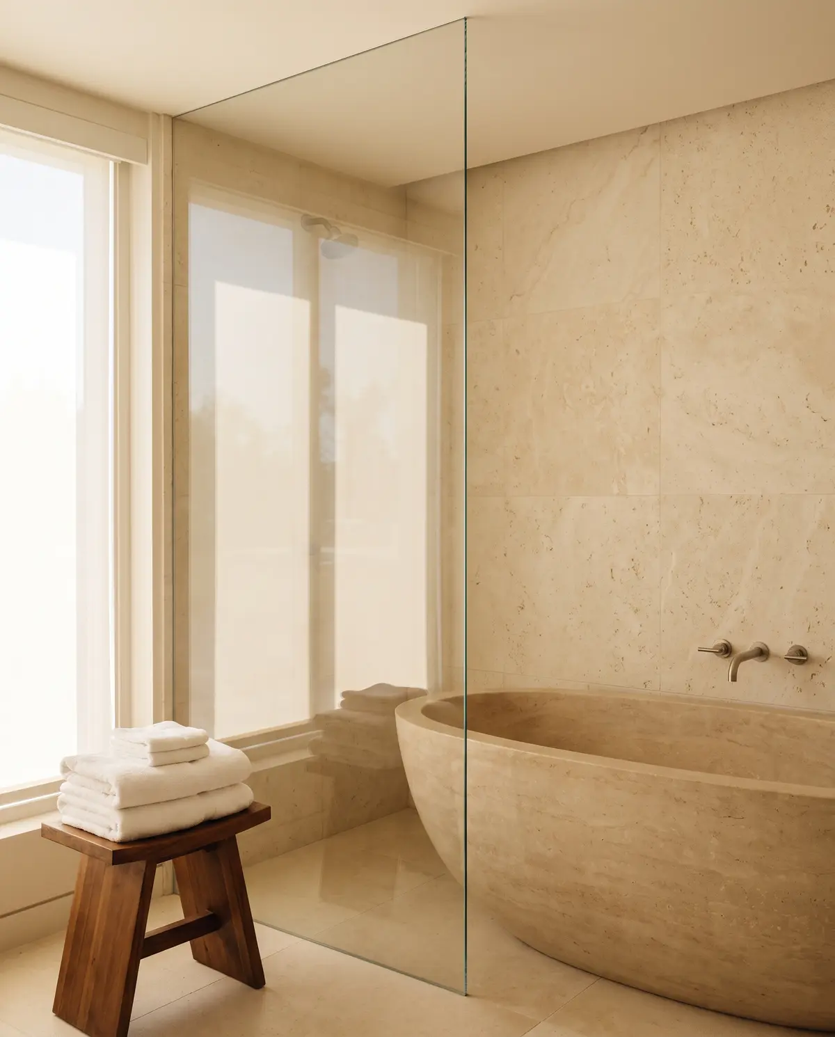 A travertine bathroom with a stone tub and a clear glass shower panel