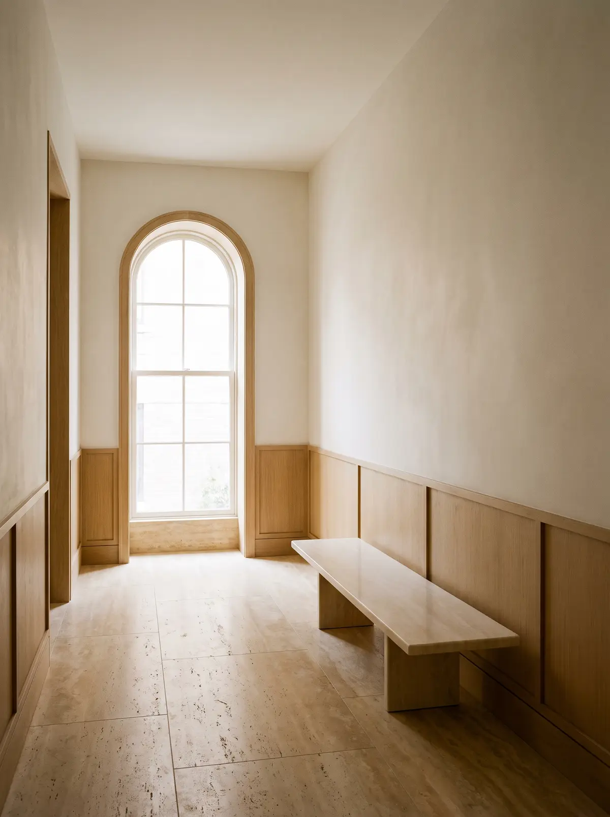A travertine hallway with oak paneling leading to an arched window